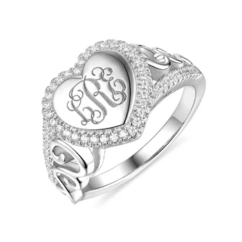 

AILIN Engraved Women Heart Sterling Silver Monogram CZ Ring For Her Monogram Jewelry For Lady Mother Ring