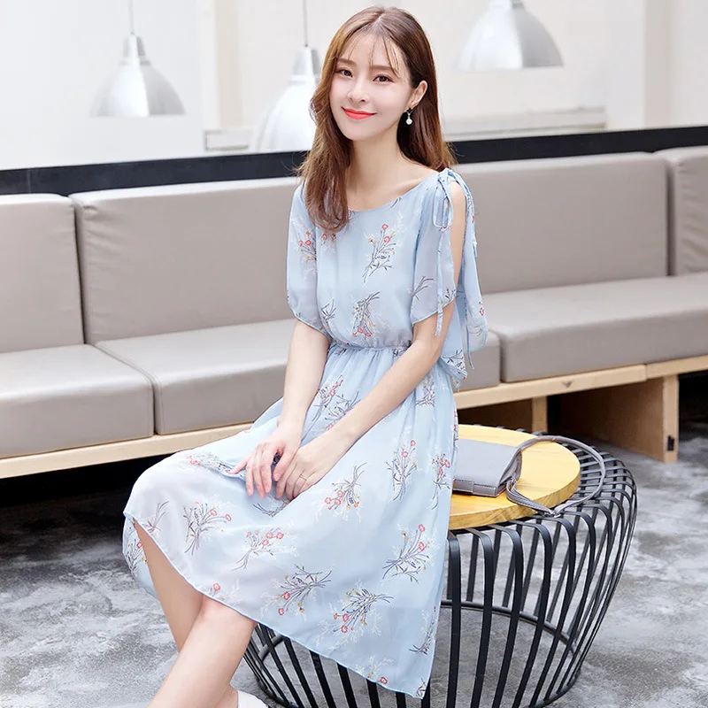

2018 Summer Wear New Style Korean-style Hipster Flounced Crew Neck Lace-up Elastic Waist Sweet Ladies' Chiffon Dress