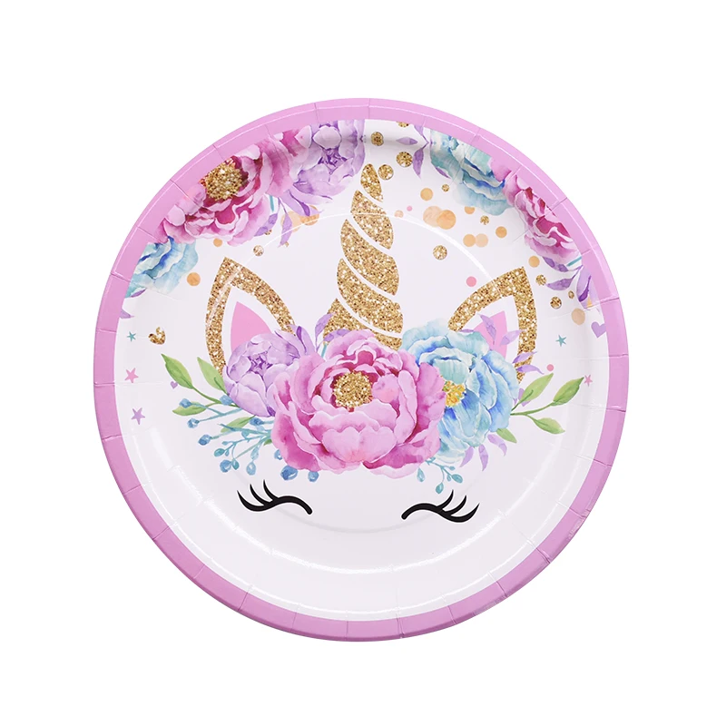 8pcs 9inch plate Единорог вечерние комплект поставки одноразовые набор столовых приборов для детей День рождения розового и золотого цвета в форме единорога Бумага салфетка чашка плиты домашних животных - Цвет: 8pcs 9inch plate