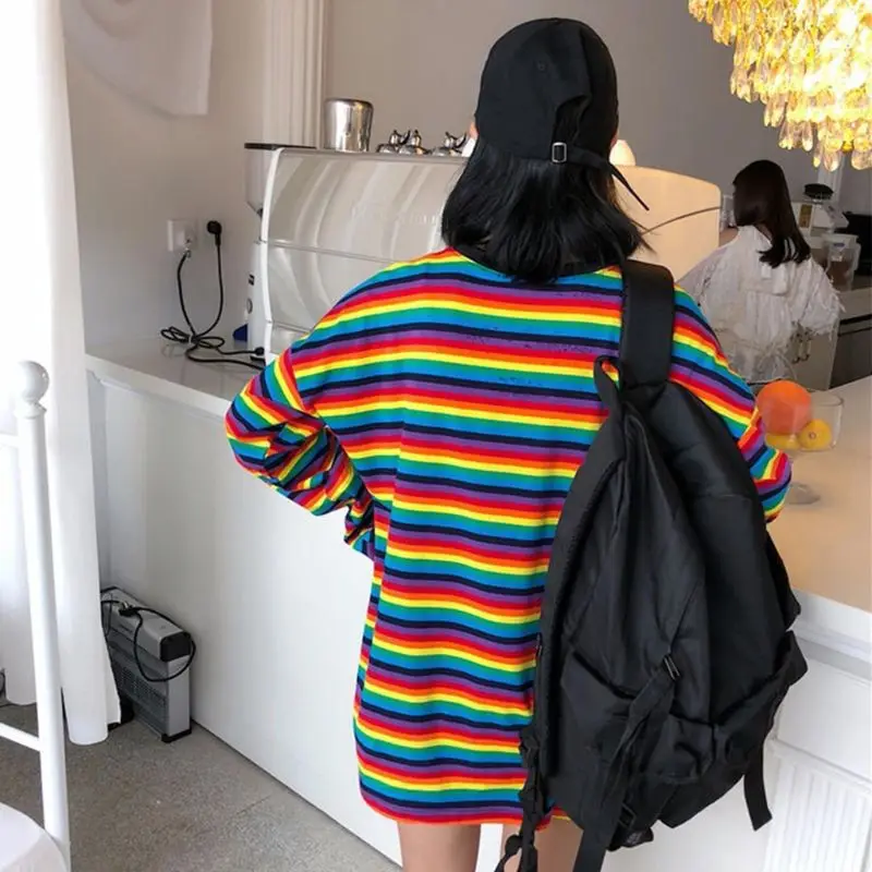 Harajuku/женская футболка в стиле панк с длинным рукавом для девочек, Радужный свитер в полоску, туника, топы, Повседневная Свободная уличная одежда в стиле хип-хоп