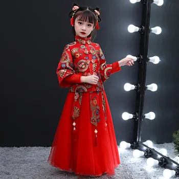 

retro Chinese Style Cheongsam Dress 2PCS Thickened Fairy Girls Dress Children's Embroidery Design Performance Clothing ZL479