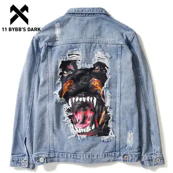 

11 BYBB'S DARK Men Jeans Jackets 2020 Autumn Dog Patch Design Broken Hole Denim Jacket Streetwear Hip Hop Coats Casual Outwear