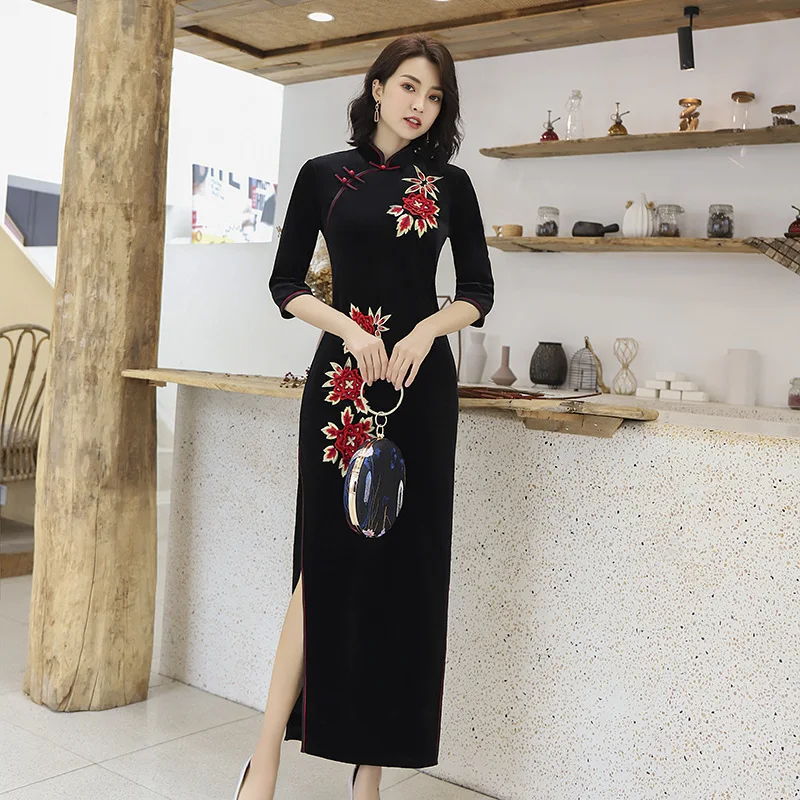 Sheng Coco женское черное вышитое Cheongsam с длинным рукавом Cheongsam 4XL большой размер традиционное китайское платье винтажное Qipao