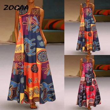 

ZOGAA 2020 Vintage Color Stitching Maxi Dress Women's Summer Sundress Casual Sleeveless Tank Vestidos Female V Neck