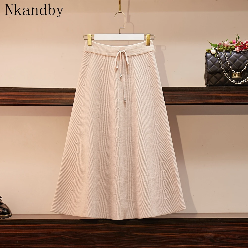 

plus size knitted midi skirt women 2019 autumn winter korean loose drawstring high waist knit office lady skirt