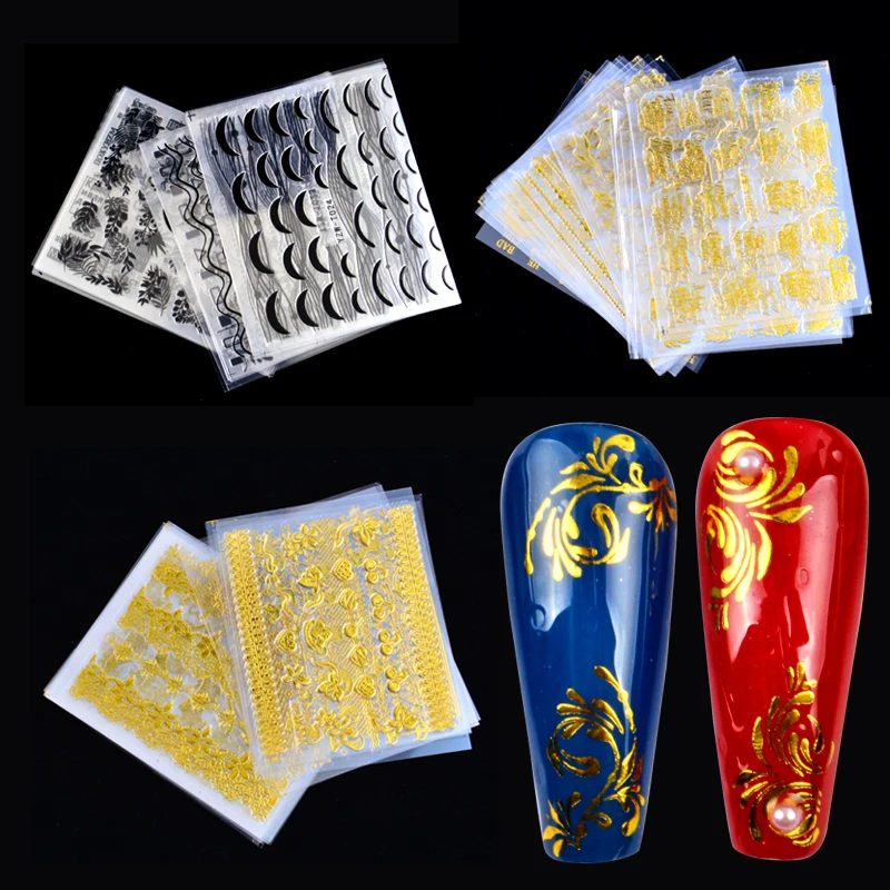 

24PCS 3D Gold Black Bronzing Nail Sticker Flower Metalic Lace Slider DIY Manicure Leaf Nails Decal Nail Art Decorations