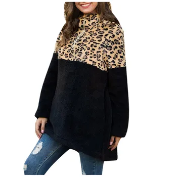 

Winter Warm Long Splice Leopard Hoodie Women Fashion Plush Fleece Long Sleeve Patchwork Loose Pullover Zipper Hoodies Tops