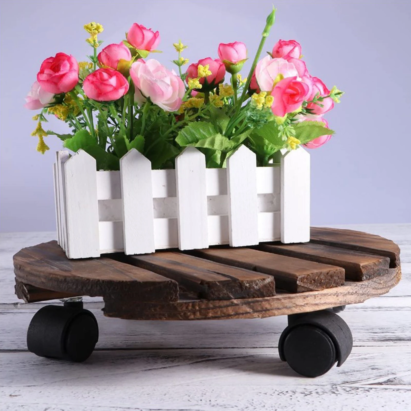Wooden Plant Pot Caddy 25cm Round Garden Plant Pot Trolley 360 Degree Movable for Outdoor Indoor Use