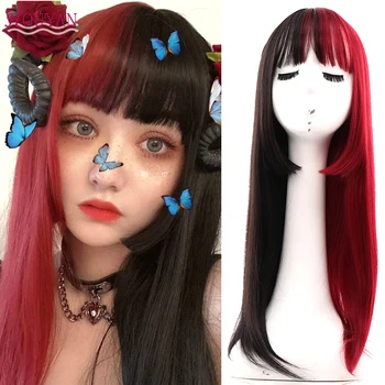 

HOUYAN Long Straight Hair Black Plus Red Pink Blue Air and Bangs Two Colors Synthetic Wig European and American Heat-resistant F