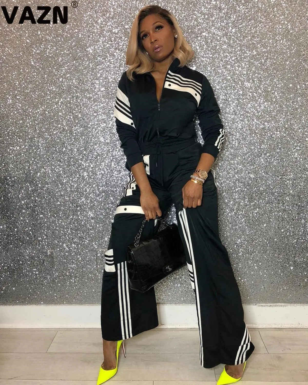 

VAZN WDL6504 Summer Print Sexy 2019 3colors Set full sleeve Long Pant 2 Piece Sets Night Club Elegant Wind Sets