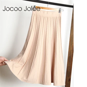 

Jocoo Jolee Women Autumn Winter Knitted A Line Skirt Elegant Pleated Midi Skirts High Waist Cotton Soft Warm Harajuku Skirts