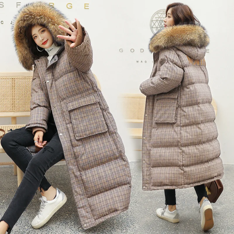 

2018 Winter New Style Korean-style Large Fur Collar Mid-length Loose-Fit over-the-Knee Plaid Cotton-padded Clothes Cotton-padded
