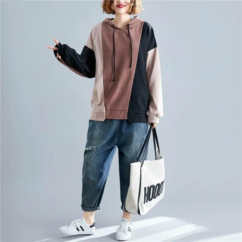 Ceny Ponadgabarytowych bluzy z kapturem bluza z kapturem Patchwork koreański styl kobiet 2019 Kpop bluza z kapturem bluza z kapturem bluza plus size Streetwear kobieta ubrania