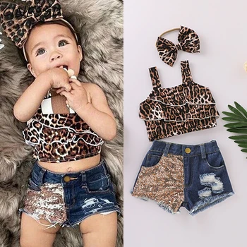 

Summer Girls Clothes Set Toddler Kids Leopard Print Tops+Denim shorts+Headwear 3Pcs Outfits Girl Clothing Suit Child 1-4Y