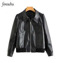 foreacha New Women PU leather blouses 2021 Autumn Winter Punk Black Faux Leather Coat Turn-down Collar Zipper Motorcycle Jacket