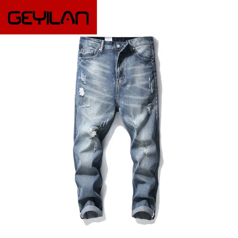 

Spring and Autumn New Nine Points Jeans Men's Loose Large Size Blue Harlan Large Size Pants Wide Hole Jeans Men Size 28-36 38