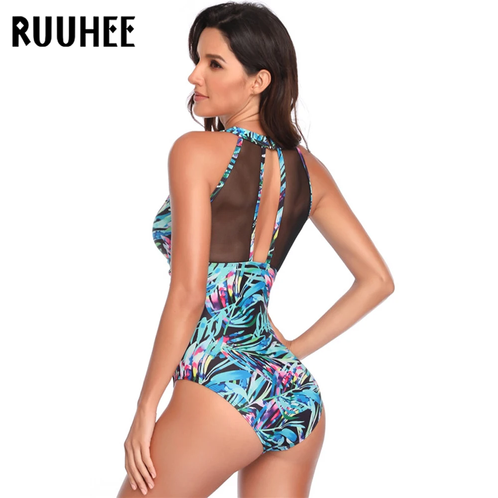 RUUHEE, сексуальный женский сдельный купальник, винтажный, сетчатый, с принтом, Одноцветный, боди, купальник, купальник, Женский Монокини, пляжная одежда