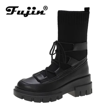 

fujin quality women ankle boots stretch fabric platform shoes booties springy sock boots lace up spring autumn thick sole shoes