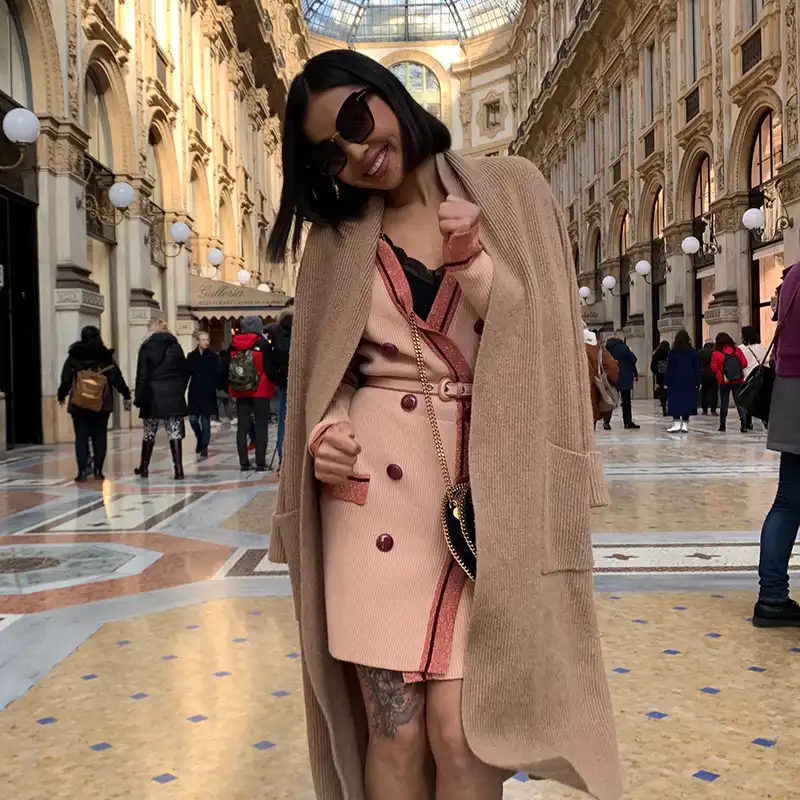 women single-breasted autumn v neck black pink dress ladies