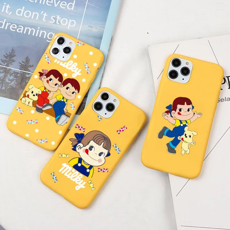 Fujiya Peko Milky Girl Boy Phone Case For iphone 12 11 Pro Max Mini XS 8 7 6 6S Plus X SE 2020 XR Candy yellow Silicone cover cute iphone 7 cases