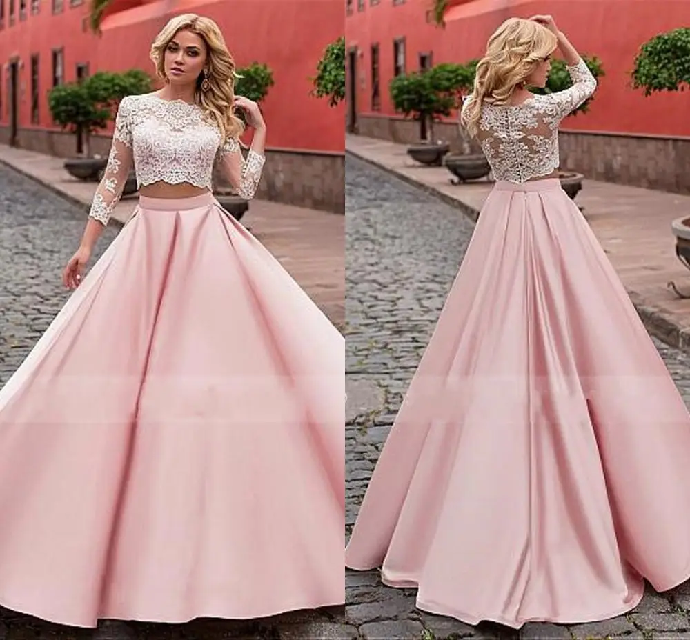 

Vestidos de Festa Elegant Two-piece Pink Evening Dresses Fashionable Lace Satin Boat A-Line Long Prom Party Gowns Custom Made
