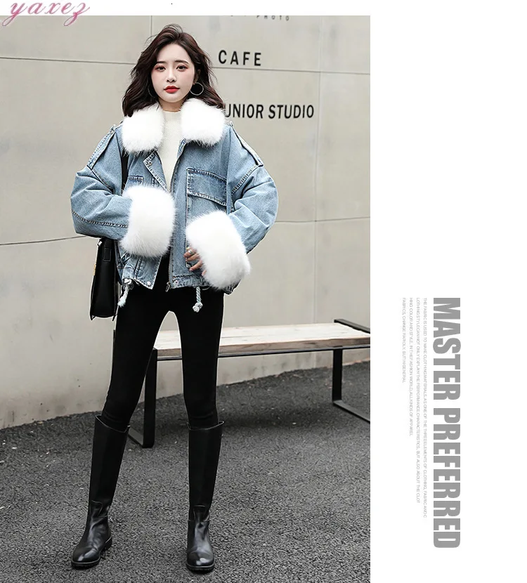 Модная Корейская утепленная женская джинсовая куртка зима с длинным рукавом и большим меховым воротником, теплые женские джинсовые пальто, верхняя одежда, пальто