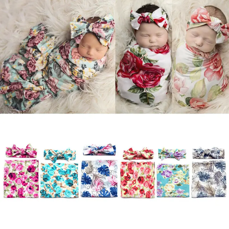 

Newborn Infant Baby Swaddle Blanket Sleeping Swaddle Muslin Wrap+Headband Set