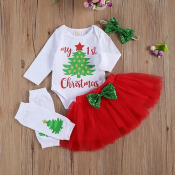 

Newborn Baby Girl Chrismtas Set Christmas Tree Printed Long Sleeve Top and tutu Skirt Legger Warmers Outfits 4 pcs 0-12months