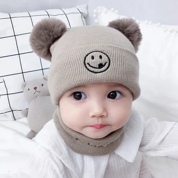 

2Pcs/set Baby Hat Winter Knitted Warmer Scarf Smile With Ball Beanies Infant Kids Hat Boy Girl Bonnet Caps + Scarf Suits Set