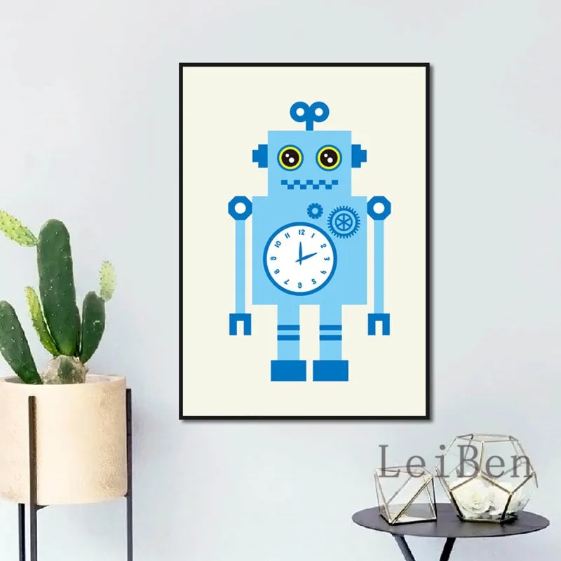 Мультфильм постер синие часы улыбающийся робот картина холст живопись печать
