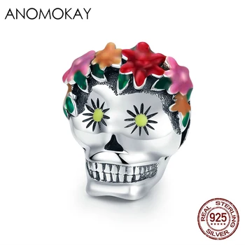 

Anomokay 925 Sterling Silver Colorful Halloween Skull Enamel Charms fit Bracelets Necklace S925 Silver Flower Skull Accessories