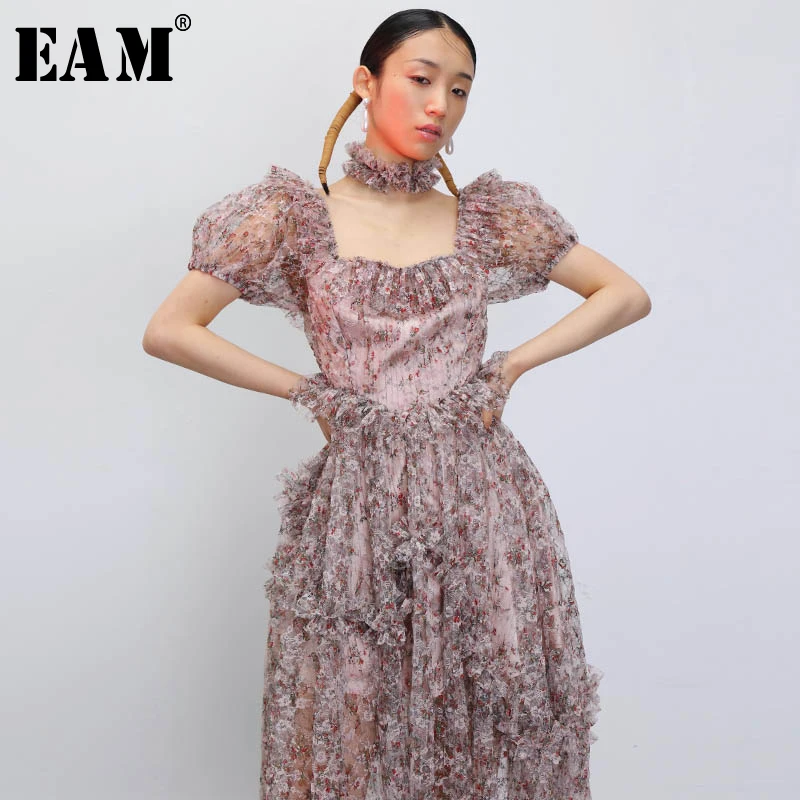 

[EAM] Women Pattern Printed Mesh Ruffles Dress New Square Collar Short Sleeve Loose Fit Fashion Tide Spring Summer 2020 1T905