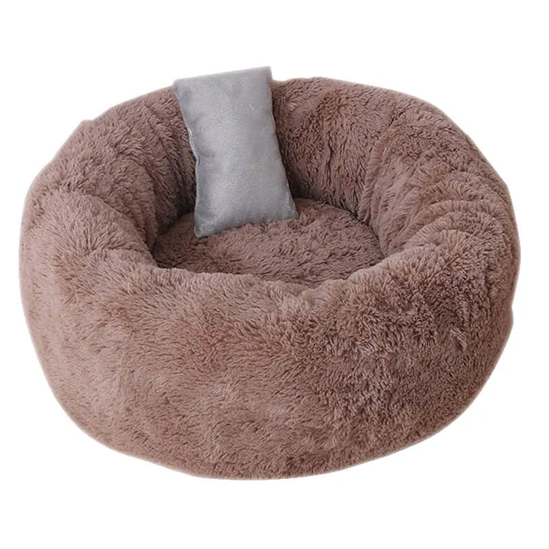 Pets Shag Plush Donut Cuddler Calming Bed Round Plush Cat Dog Mat Sleeping Bed with Pillow E2S - Цвет: Coffee