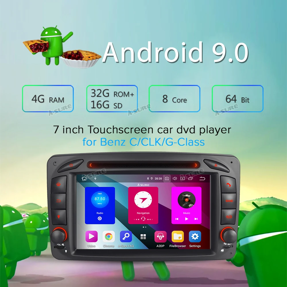 Top A-Sure 8 Core 32GB ROM Android 9.0 Radio GPS DVD Navi For Mercedes Benz C-class W203 CLK G500 Viano Vito Class G-Class W463 1