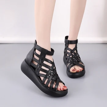 

2020 women's sandals Summer women's shoes High heels Women's genuine leather shoes, Retro slope heel leather shoes