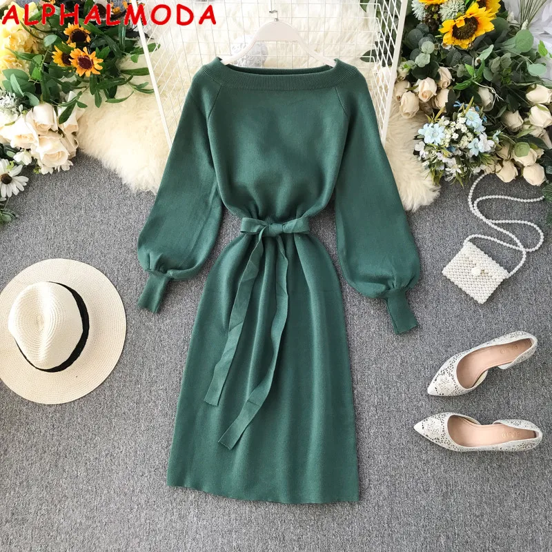 

ALPHALMODA 2019 Autumn Winter Women Slash Neck Sashes Knit Dress Bubble Sleeve Solid Female Casual Knit Dress