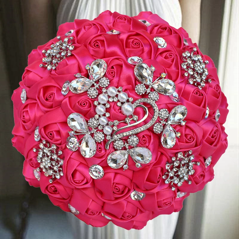 

1PCs /lot Fushia Silver Crystal Marriage Ribbon Wedding Bouquet For Wedding Decoration