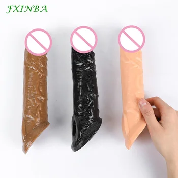 FXINBA 21cm Realistic Penis Sleeve Extender Large Reusable Penis Condom Delay Silicone Extension Sex Toy for Men Cock Enlarger 4