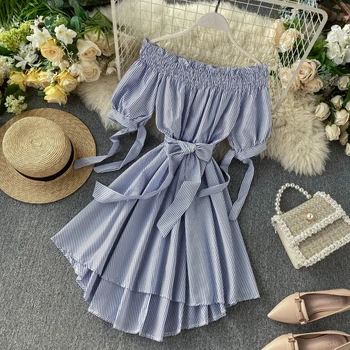 

Vintage Sexy Striped Print Off Shoulder Summer Short Irregular Dress Casual Bandage Women Beach Tie Party Asymmetrical Vestiods
