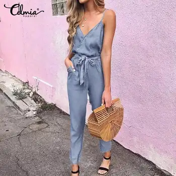 

Celmia 2020 Women Summer V-neck Rompers Belted Denim Jumpsuits Casual Sexy Spaghetti Straps Suspenders Sleeveless Jeans Pants