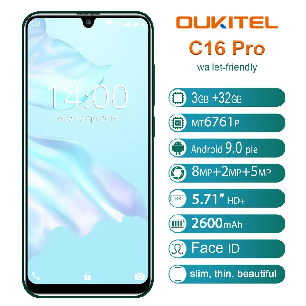 Мобильный телефон OUKITEL C16 Pro 5,71 ''Android 9,0 19:9 с экраном капли MT6761P Quad 3 Гб ram 32 Гб rom смартфон 4G LTE мобильный телефон