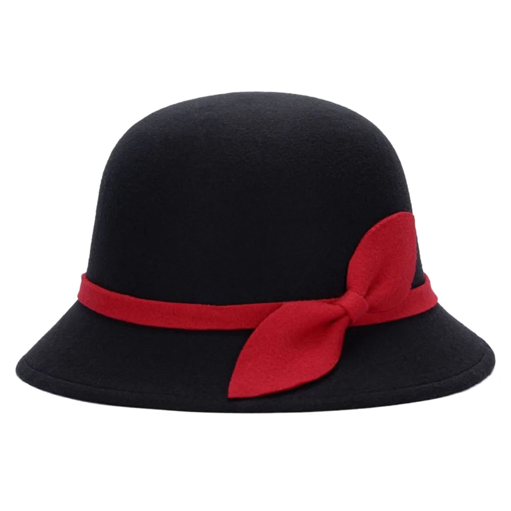 black red Милые модные дамские женские шляпы из искусственной шерсти, фетровые шляпы, Клош Дерби котелок, Кепка с бантом, высокое качество - Цвет: black red
