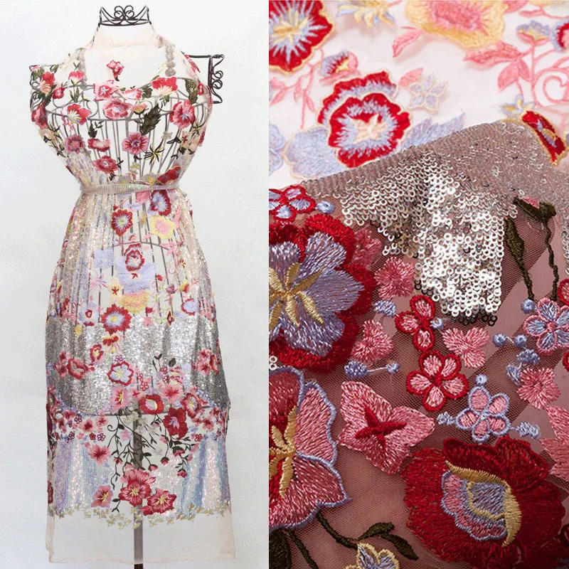 1 ярд 130 см Новая кружевная ткань смешанных цветов с AB блестками вышивка платье кружевная ткань