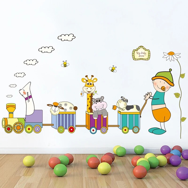 170*90cm Cartoon Animals Train Home Decor for Kids Room Lovley Baby Wall Stickers PVC DIY Vinyl Decals Art Wallpaper | Дом и сад