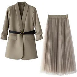 Plus size feminino terno blazer vestido longo jaqueta vestidos de malha duas peças conjunto com cinto elegante feminino casaco de inverno conjunto