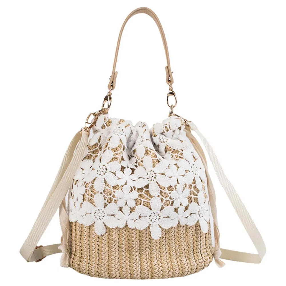 

Fashion Ladies Lace Drawstring Straw Tote Bags Pouch Crossbody Shoulder Bucket Bag