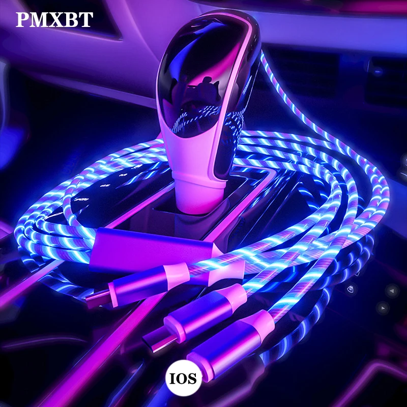

3 in 1 Flowing Colors LED Glow USB Charger Cable Micro USB Type C Charging Cord lighting For iPhone Xiaomi Android phone Charge