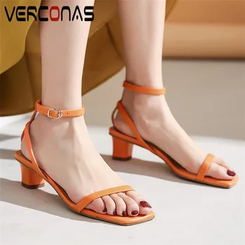 

VERCONAS Women Genuine Leather Buckle Thick Heel Concise Party Pumps Square Toe Slippers Summer High Heeled Sandals Shoes Woman