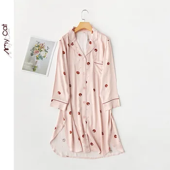 

2020 Spring New Long-sleeved Pyjama Satin Cherry Printing Sleeping Dress Plus Size Womens Nightgown Sleepwear Nighty Sleepshirts