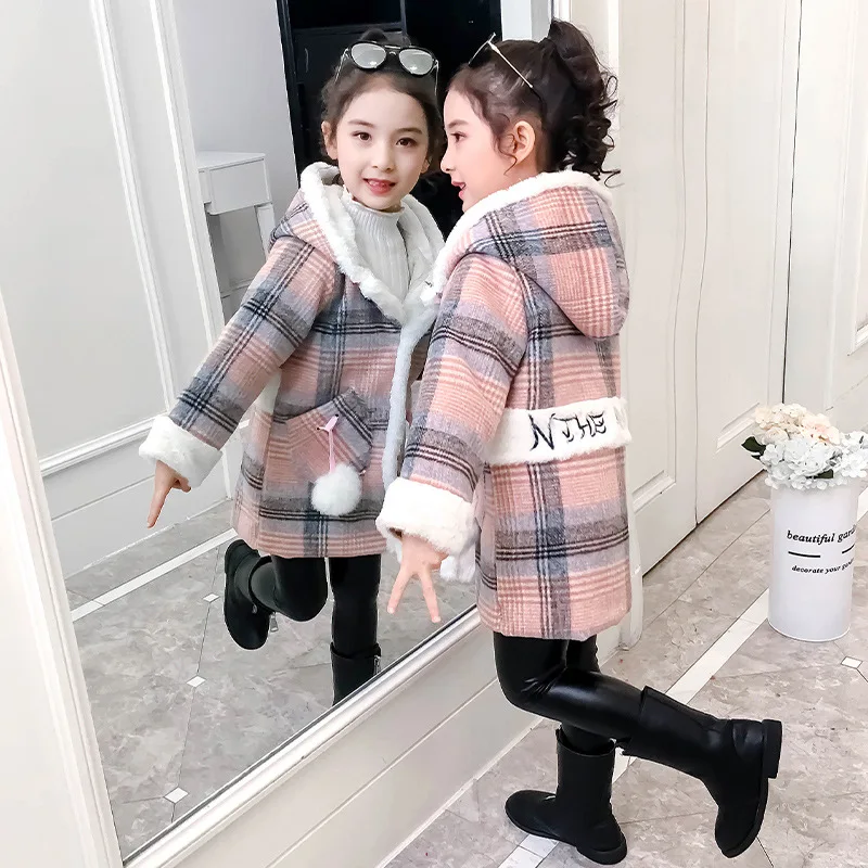Шерстяное пальто с капюшоном для девочек; плотная Дизайнерская верхняя одежда в клетку в полоску; коллекция года; сезон осень-зима; детское шерстяное пальто; одежда; ZL275